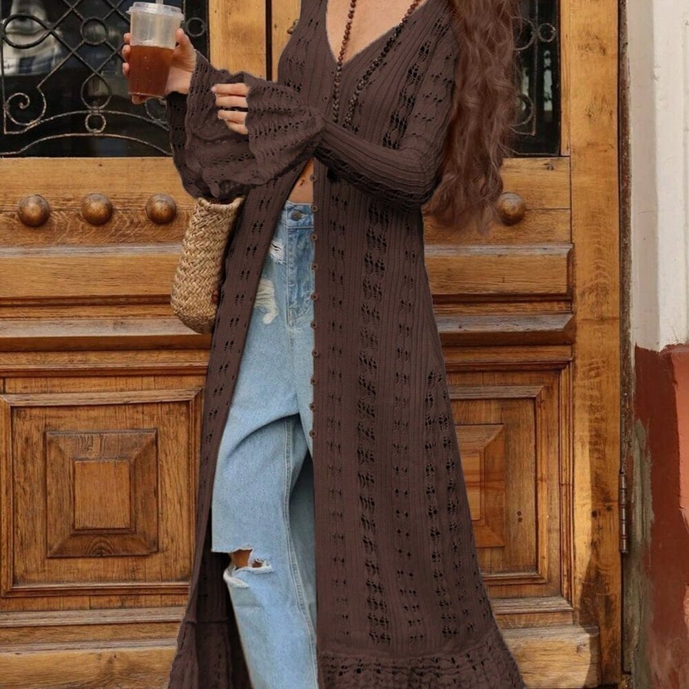Brown Casual Women's Long Sleeve Button Elegant Crochet caridgan